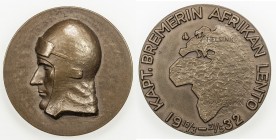 FINLAND: AE medal (50.84g), 1932, 45mm, bronze medal, Captain Väinö Elias Bremer flight from Helsinki to Cape Town March 19 to May 21, 1932; portrait ...