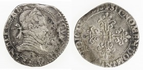 FRANCE: Henri III, 1574-1589, AR Franc au col plat (13.82g), 1576-A, Dupl-1130, laureate and cuirassed bust right, A below // large H at center of cro...