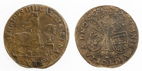FRANCE: Henri IV, 1589-1610, AE jeton (4.14g), 1596, Feuardent-11861, 28mm bronze jeton, Henri IV on caparisonned horse galloping right with weapons b...