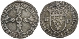 FRANCE: Henri IV, 1589-1610, AR ¼ ecu (9.56g), 1605, KM-30var, Lafaurie-1066, Duplessy-1224B, Rennes Mint issue (numeral 9 mintmark), Choice EF. This ...