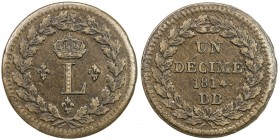 FRANCE: First Restoration, AE decime, 1814-BB, KM-701var, Gadoury-196a, Strasbourg Provisional issue, variety with periods after decime and date, Choi...