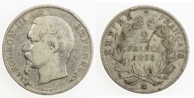 FRANCE: Napoleon III, 1852-1870, AR 2 francs, 1856-BB, KM-780.2, large mintmark, Fine, R. 

Estimate: USD 75 - 100