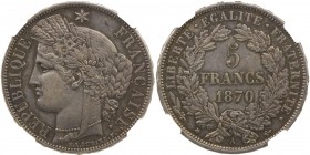 FRANCE: Third Republic, AR 5 francs, 1870-A, KM-819, F-333, Gad-743, with motto type, NGC graded AU53.

Estimate: USD 100 - 150