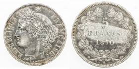 FRANCE: Third Republic, AR 5 francs, 1870-A, KM-818.1, Ceres head, one-year type, very lightly cleaned, a few tiny rim knocks, EF.

Estimate: USD 70...
