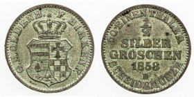 BIRKENFELD: Nikolaus Friedrich Peter, 1853-1900, BI ½ silber groschen, 1858-B, KM-17, one-year type, About Unc.

Estimate: USD 70 - 100