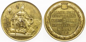 COLOGNE (CITY): AE medal (84.29g), 1890, Kaiser-21, 60mm gilt bronze medal for the General Exhibition of War Art and Army Needs in Cologne by L. Chris...
