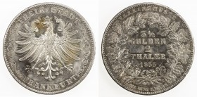 FRANKFURT: Free City, AR 2 thaler, 1855, KM-329, parts of obverse and reverse fields are burnished, bold strike, light rainbow tone, About Unc, ex Spi...