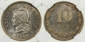 ARGENTINA: Republic, 10 centavos, 1899, KM-35, lustrous, NGC graded MS64.

Estimate: USD 70 - 100