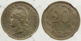 ARGENTINA: Republic, 20 centavos, 1912, KM-36, better date, lightly toned, NGC graded MS64.

Estimate: USD 70 - 100