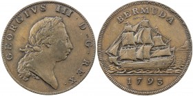 BERMUDA: George III, 1760-1820, AE penny, 1793, KM-5, variety with double pennant, reverse rim cuds, some underlying luster, one-year type, VF to EF....