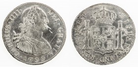 BOLIVIA: Carlos IV, 1788-1808, AR 4 reales, 1799, KM-72, assayer PP, sea salvaged, very lightly cleaned, reverse margin has corrosion, but much luster...