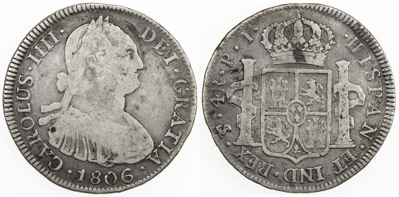 BOLIVIA: Carlos IV, 1788-1808, AR 4 reales, 1806-PTS, KM-72, assayer PJ, Fine to...