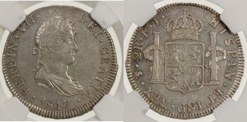 BOLIVIA: Fernando VII, 1808-1825, AR 2 reales, 1817-PTS, KM-83, assayer PJ, NGC ...