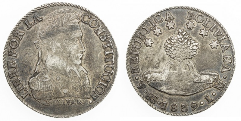 BOLIVIA: Republic, AR 8 soles, 1839-PTS, KM-97, assayer LM, choice VF.

Estima...