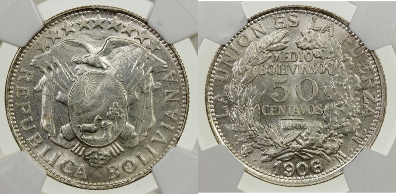 BOLIVIA: Republic, 50 centavos, 1906-PTS, KM-175.1, assayer initials MM, frosty ...