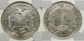 BOLIVIA: Republic, 50 centavos, 1906-PTS, KM-175.1, assayer initials MM, frosty lustrous surface, NGC graded MS65.

Estimate: USD 100 - 140