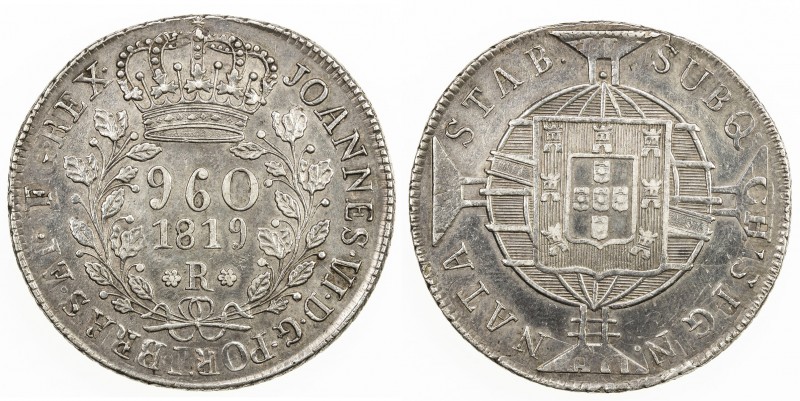 BRAZIL: João VI, 1818-1822, AR 960 reis, 1819-R, KM-326.1, struck over Chile vol...