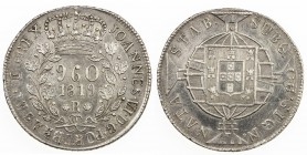 BRAZIL: João VI, 1818-1822, AR 960 reis, 1819-R, KM-326.1, struck over Chile volcano peso (KM-82.2), with legend CHILE INDEPENDIENTE / SANTIAGO visibl...