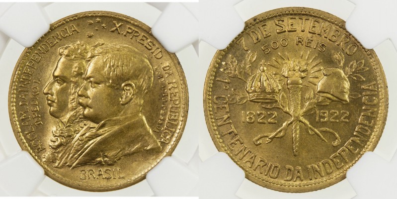 BRAZIL: Republic, 500 reis, 1922, KM-521.1, Independence Centennial-Dom Pedro an...