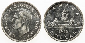 CANADA: George VI, 1936-1952, AR dollar, 1946, KM-37, variety with full water lines, faint hairlines on portrait from counting machine or similar, sem...