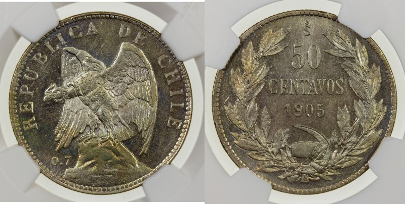 CHILE: Republic, AR 50 centavos, 1905-So, KM-160, lustrous, lightly toned, NGC g...