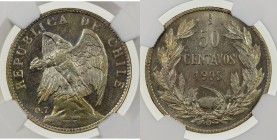 CHILE: Republic, AR 50 centavos, 1905-So, KM-160, lustrous, lightly toned, NGC graded MS63.

Estimate: USD 50 - 75