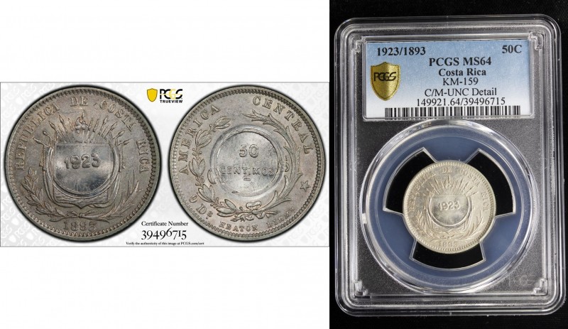 COSTA RICA: Republic, AR 50 centimos, 1923, KM-159, type VIII countermark on 189...