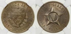 CUBA: Republic, 5 centavos, 1915, KM-11.1, attractive light tone, a superb example! NGC graded MS65 +.

Estimate: USD 90 - 130