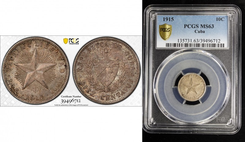 CUBA: Republic, AR 10 centavos, 1915, KM-A12, PCGS graded MS63.

Estimate: USD...