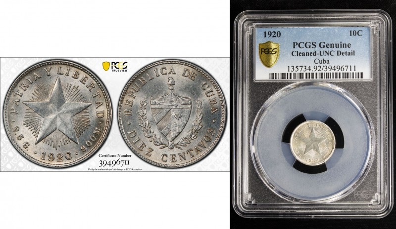 CUBA: Republic, AR 10 centavos, 1920, KM-A12, cleaned, PCGS graded Unc details....