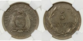 ECUADOR: Republic, 5 centavos, 1919, KM-63, 3 berries to left of C on reverse, one-year (two-variety) type, NGC graded MS64.

Estimate: USD 45 - 55