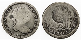 EL SALVADOR: Republic, AR 2 reales, ND (1868), KM-61, countermark of arms on reverse of a VG 1822-Z Mexico (War of Independence) 2 reales (KM-93), cou...