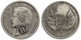 EL SALVADOR: Republic, AR real (2.91g), ND (1862-3), KM-89, type IV countermark on 1861-R Guatemala real (KM-137.1), date of host unlisted in KM, Fine...
