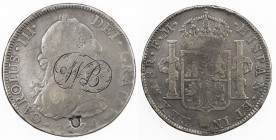 MEXICO: Carlos III, 1759-1788, AR 8 reales, 1774-Mo, KM-97, assayer FM, carving of intertwining initials WB on obverse, above a countermarked U, a few...
