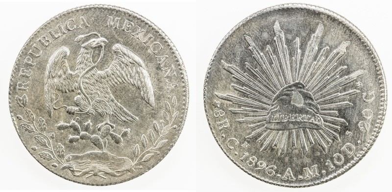 MEXICO: Republic, AR 8 reales, 1896-Cn, KM-377.3, hairlines, About Unc.

Estim...