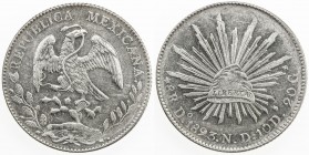 MEXICO: Republic, AR 8 reales, 1893-Do, KM-377.4, assayer initials ND, light hairlines, Unc.

Estimate: USD 90 - 120