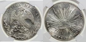 MEXICO: Republic, AR 8 reales, 1874/3-Go, KM-377.8, assayer FR, overdate certain, very lustrous, NGC graded MS62.

Estimate: USD 100 - 140