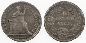 MEXICO: Republic, AE centavo, 1863-SLP, KM-390.1, San Luis Potosi Mint issue, one-year type, VF to EF.

Estimate: USD 65 - 85