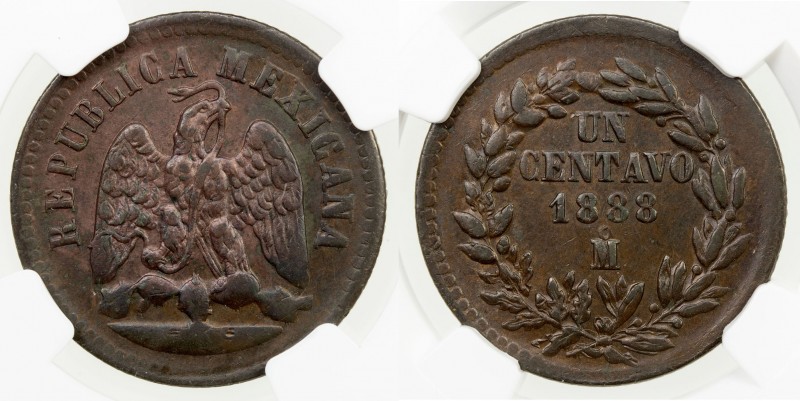 MEXICO: Republic, AE centavo, 1888-Mo, KM-391.6, hints of red, NGC graded MS62 B...