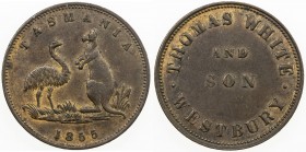 AUSTRALIA: AE halfpenny token, 1855, KM-Tn269, A-621, R-594, Thomas White & Son, Westbury, Tasmania, EF, ex Dr. Axel Wahlstedt Collection. 

Estimat...