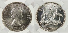 AUSTRALIA: Elizabeth II, 1952—, AR 6 pence, 1963, KM-58, mirror-like reflectivity, NGC graded Proof 66.

Estimate: USD 90 - 120