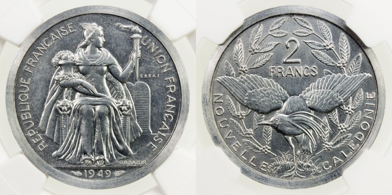 NEW CALEDONIA: 2 francs, 1949, KM-PE3, Piedfort (piéfort) ESSAI, mintage of only...