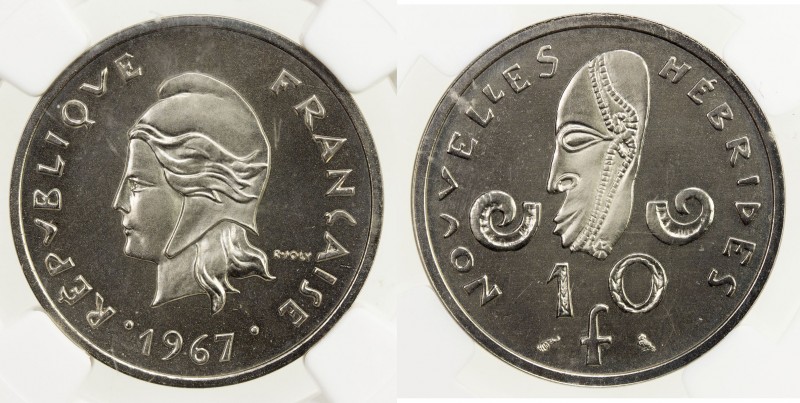 NEW HEBRIDES: 10 francs, 1967, KM-PE3, Piedfort (piéfort) essai in nickel, minta...