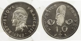 NEW HEBRIDES: 10 francs, 1967, KM-PE3, Piedfort (piéfort) essai in nickel, mintage of 500, lovely luster, NGC graded Proof 66, R. 

Estimate: USD 60...