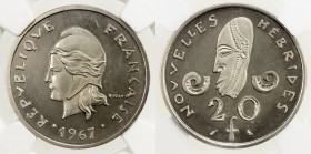 NEW HEBRIDES: 20 francs, 1967, KM-PE6, Piedfort (piéfort) essai in nickel, mintage of 500, lustrous, NGC graded Proof 65, R. 

Estimate: USD 60 - 90...