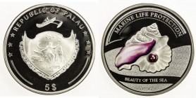 PALAU: Republic, AR 5 dollars, 2014, KM-473, Marine Life Protection series, with actual pink pearl insert and colored applique, mintage of only 2,500 ...