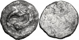 Greek Italy. Etruria, Populonia. AR Diobol, late 4th-early 3rd century BC. D/ Two dolphins swimming in a circle. R/ Blank. HN Italy 223. SNG ANS 33. A...