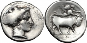 Greek Italy. Central and Southern Campania, Neapolis. AR Stater, 300-260 BC. D/ Head of nymph right. R/ Man-headed bull right; above, Nike flying righ...