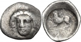 Greek Italy. Central and Southern Campania, Phistelia. AR Obol, 325-275 BC. D/ Head of nymph facing. R/ Lion left. HN Italy 619. AR. g. 0.61 mm. 11.50...