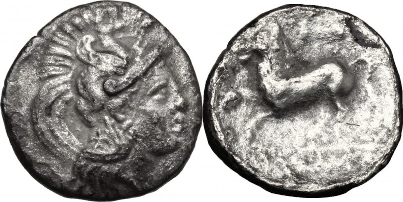 Greek Italy. Northern Apulia, Arpi. AR Diobol, 325-275 BC. D/ Head of Athena rig...